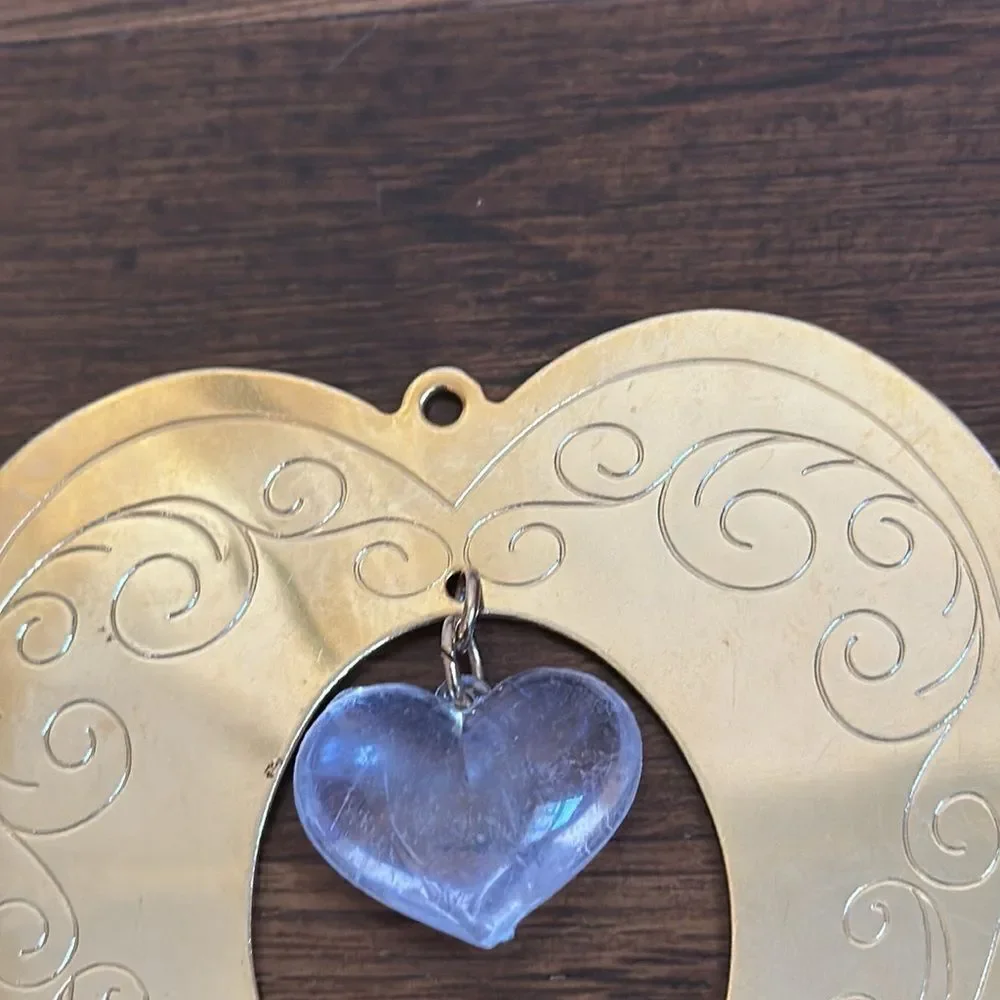 Vtg 1991 Gloria Duchin gold‎ brass heart ornament/floating clear plastic heart